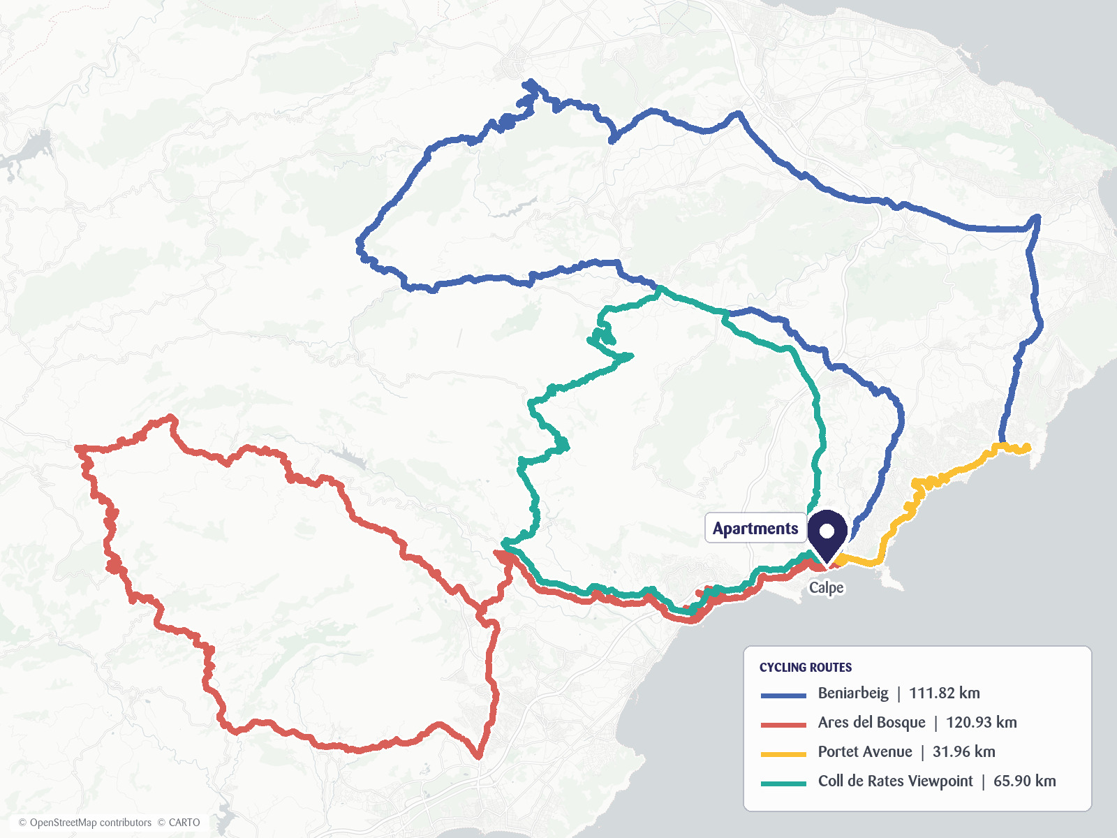 Map showing four cycling routes from the apartments in Calpe: Beniarbeig, Ares del Bosque, Portet Avenue and Coll de Rates Viewpoint