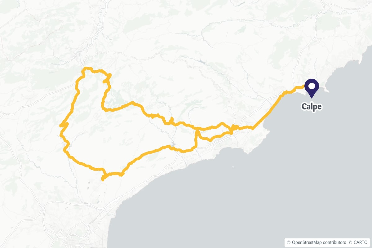 Map showing the Carrasqueta Pass / Puerto de la Carrasqueta cycling route and the location of Calpe