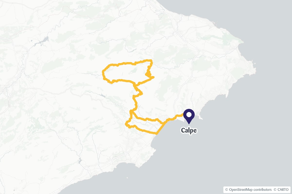 Map showing the Castell de Castells cycling route and the location of Calpe