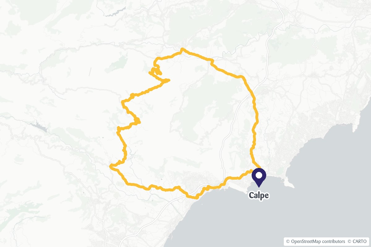 Map showing the Coll de Rates Viewpoint cycling route and the location of Calpe