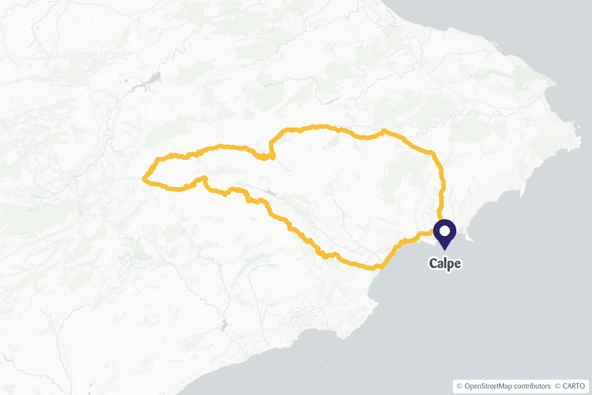 Map showing the Els Frares de Serrella cycling route and the location of Calpe