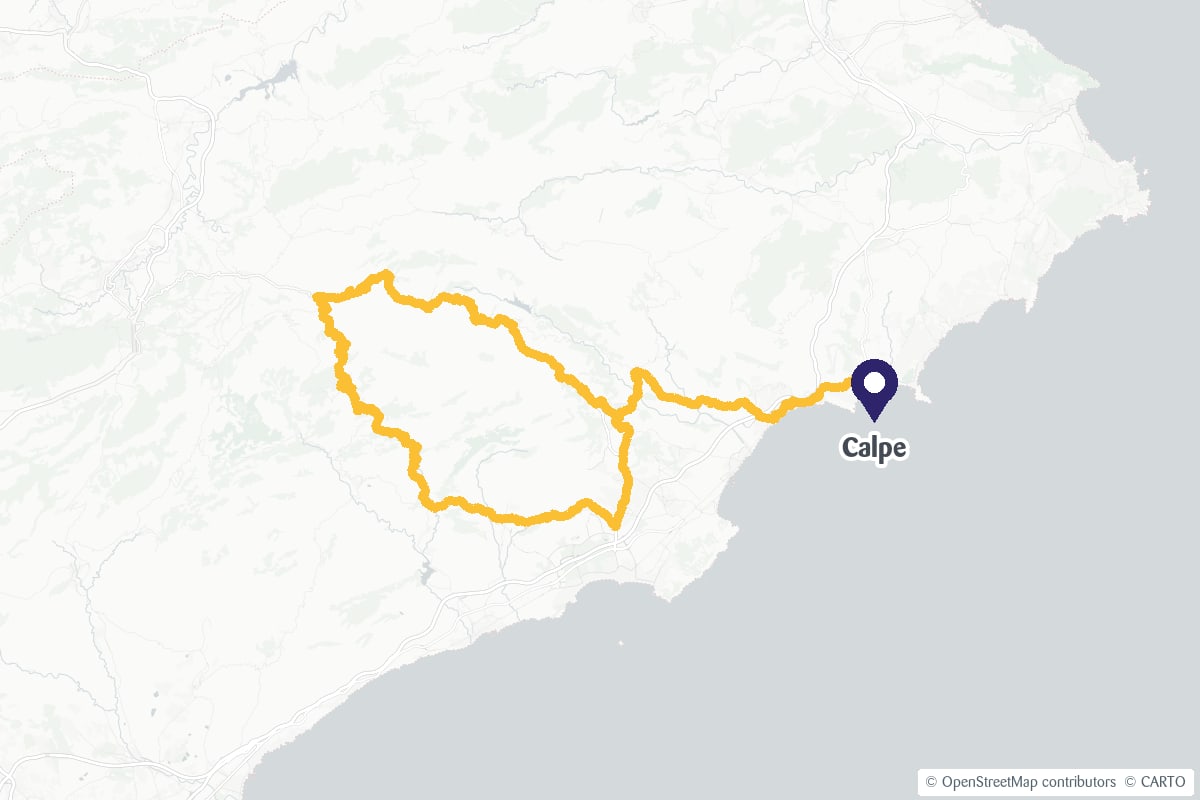 Map showing the Forest Ares cycling route and the location of Calpe