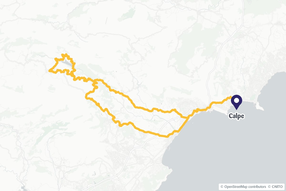 Map showing the Guadalest Reservoir cycling route and the location of Calpe