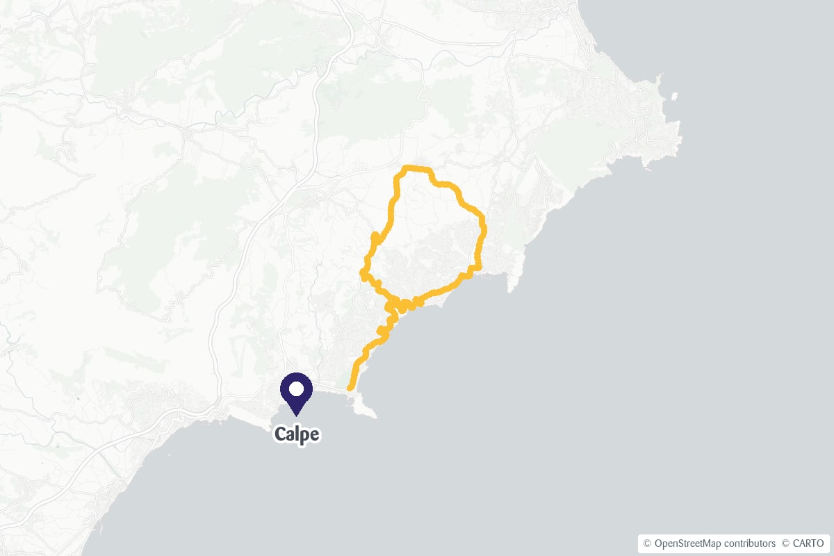 Map showing the La Mariana – La Fustera Avenue cycling route and the location of Calpe